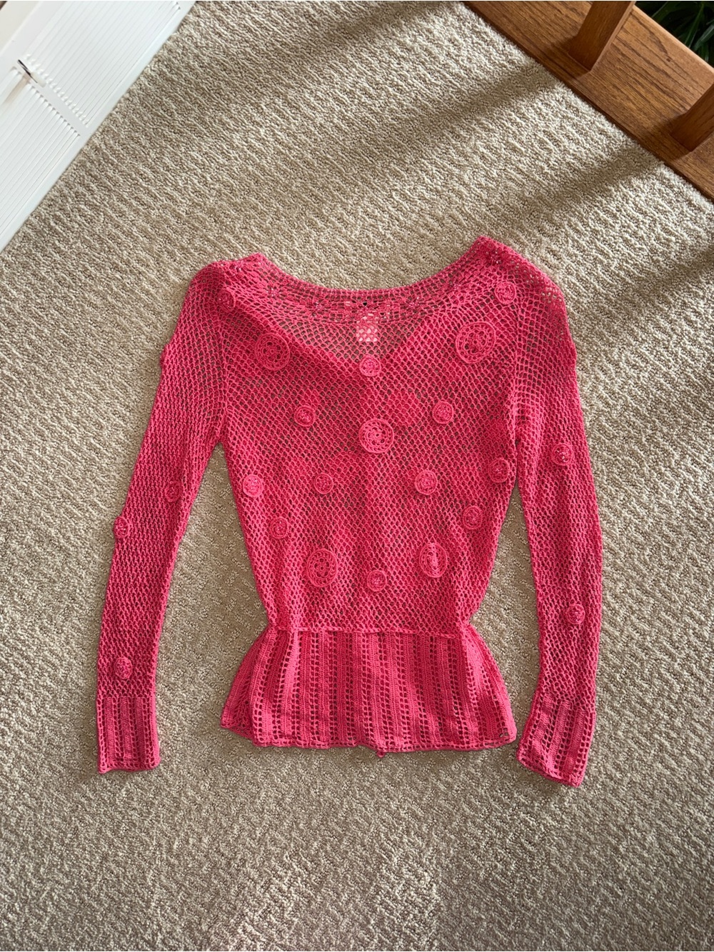 Pink Crochet Drawstring Button-Up Sweater - Picture 2 of 4